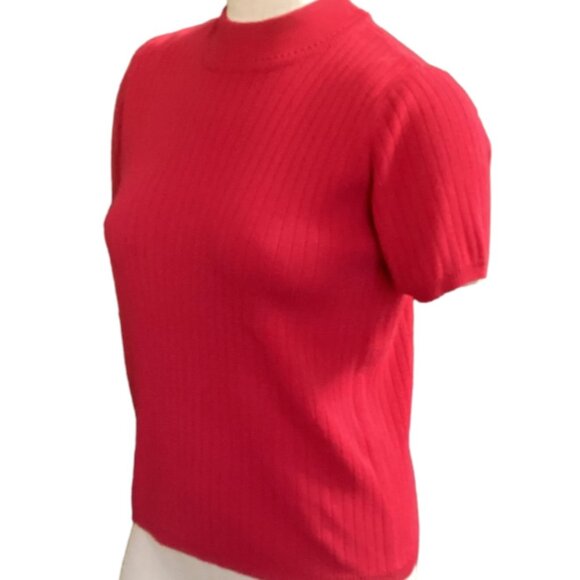 Ribbed Knit Short Sleeve Mock Neck Sweater S Red  by Laura Scott #223P - Picture 3 of 6